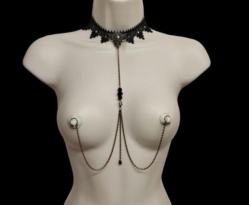 Black Lace Choker to Nipple and Clit, Removable Chains