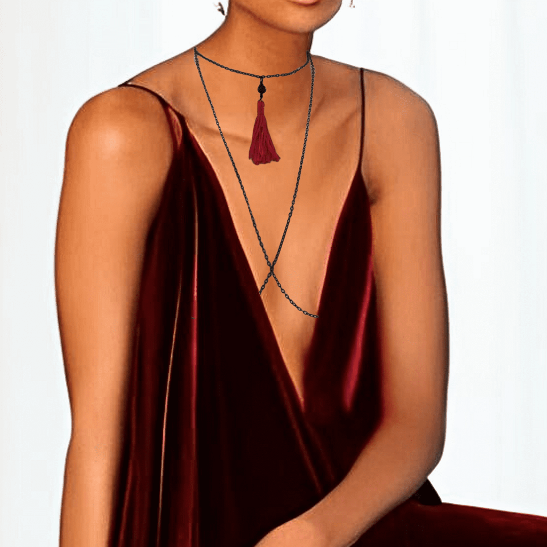 Non Piercing Nipple Wrap Around or Backdrop Necklace with Red Tassel
