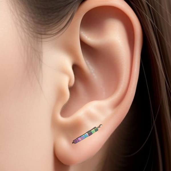 Rainbow Hematite Ear Climber | Stainless Steel Wire | 2mm Square Stones