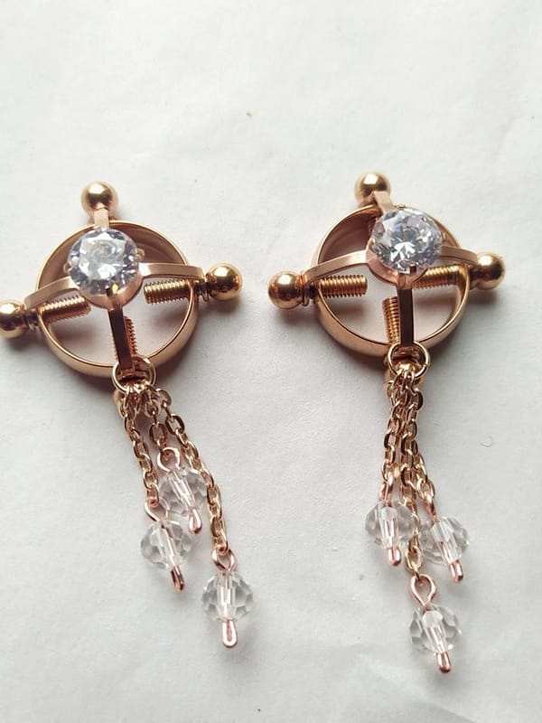 Rose Gold Non piercing Nipple Jewelry with dangle cystals and Screws