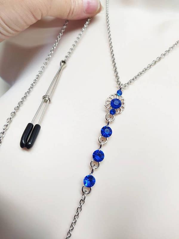 Necklace to Clit Clamp, Sapphire Blue Necklace with Clit Tweezers or piercing bar Clitoral Jewellery