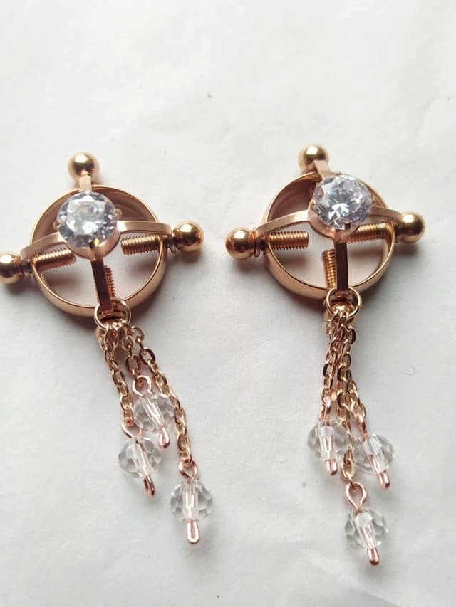 Rose Gold Non piercing Nipple Jewelry with dangle cystals and Screws