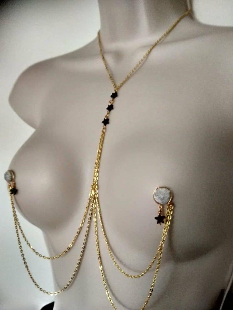 Necklace to Nipple Chain Nipple Rings with Hematite Stars