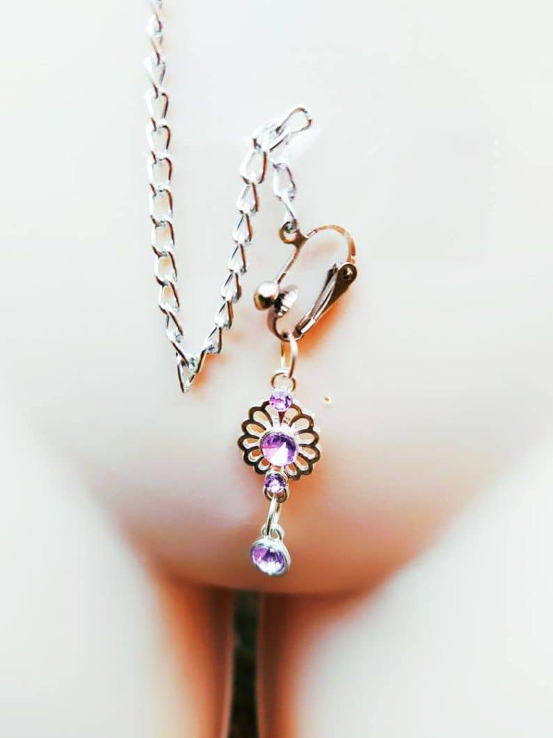 Necklace Chain Connected to Clit Chain, Sexy Purple Labia Clamp