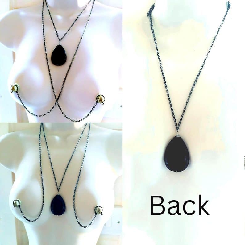 Non Piercing Nipple Chain with Onyx – Wrap Around Backdrop Necklace or Halo