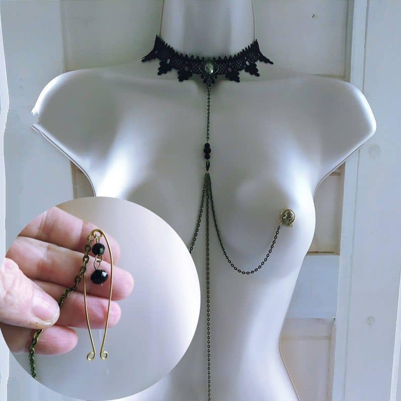Black Lace Choker to Nipple and Clit, Removable Chains