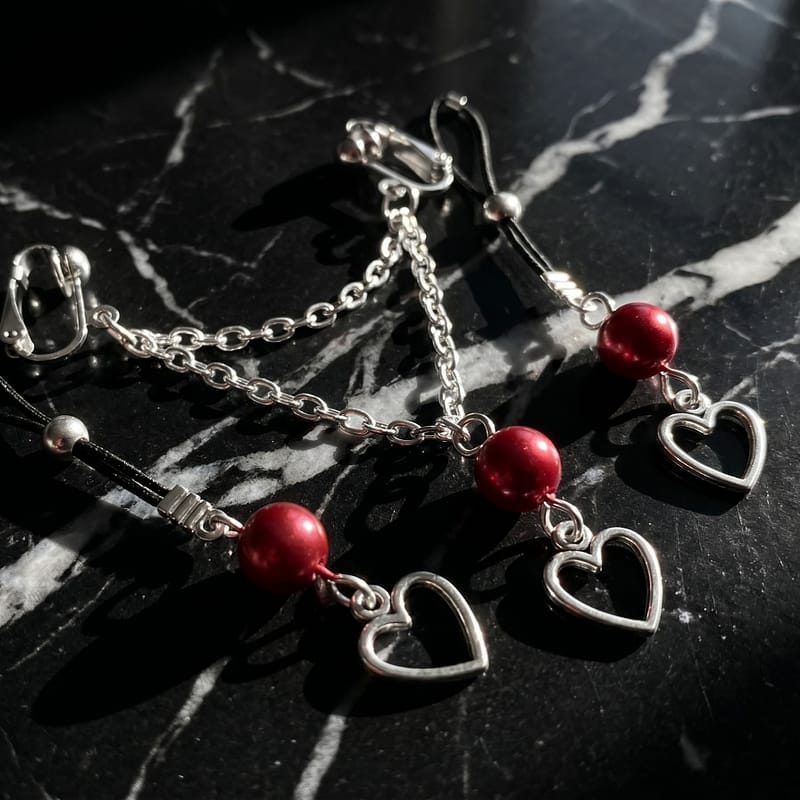 Elegant flat-lay of the REPIOR FLUX set featuring deep red beads on dark veined marble, representing a bespoke anatomical vision jewellery ensemble.