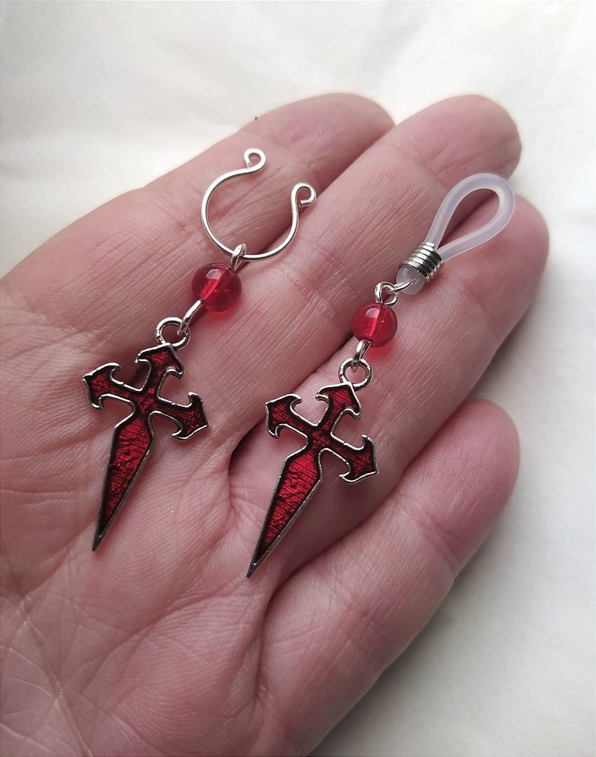 Non Piercing Nipple Rings with Retro Dangle Garnet Enameled Cross